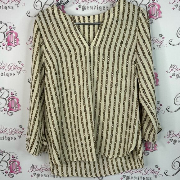 Michael Kors blouse chain link chains lockets Beige and Brown Striped Blouse - Picture 1 of 8